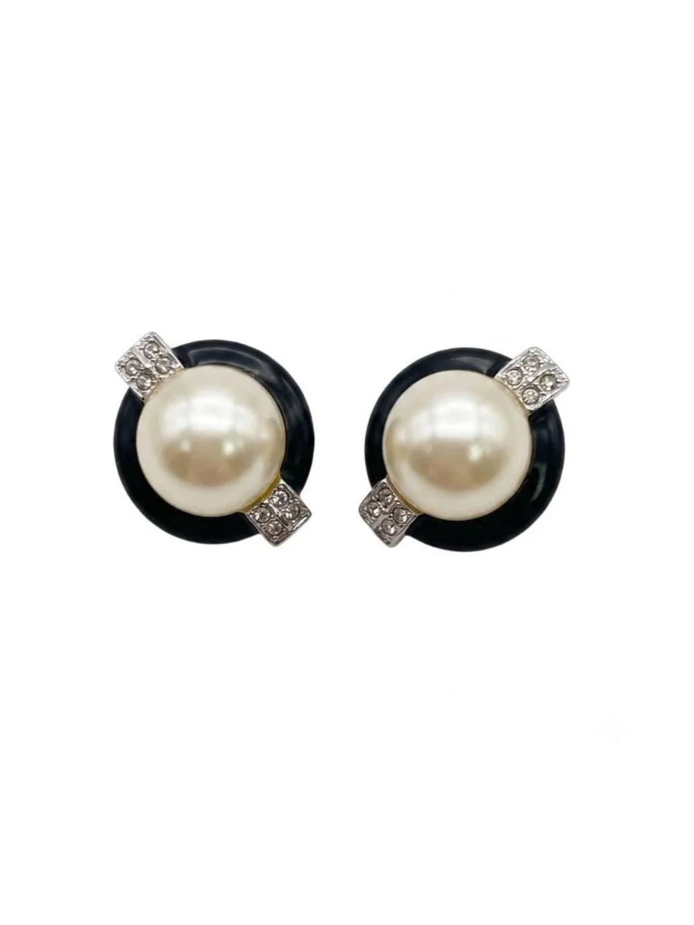 Vintage Kenneth Lane Clip-On Earrings, Faux Black Onyx & Pearls /Pave Rhinestone